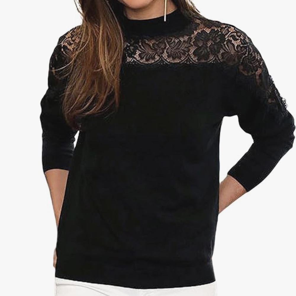 Lascana Black Lace Insert Crewneck Sweater Women's Size 0/2 - XS